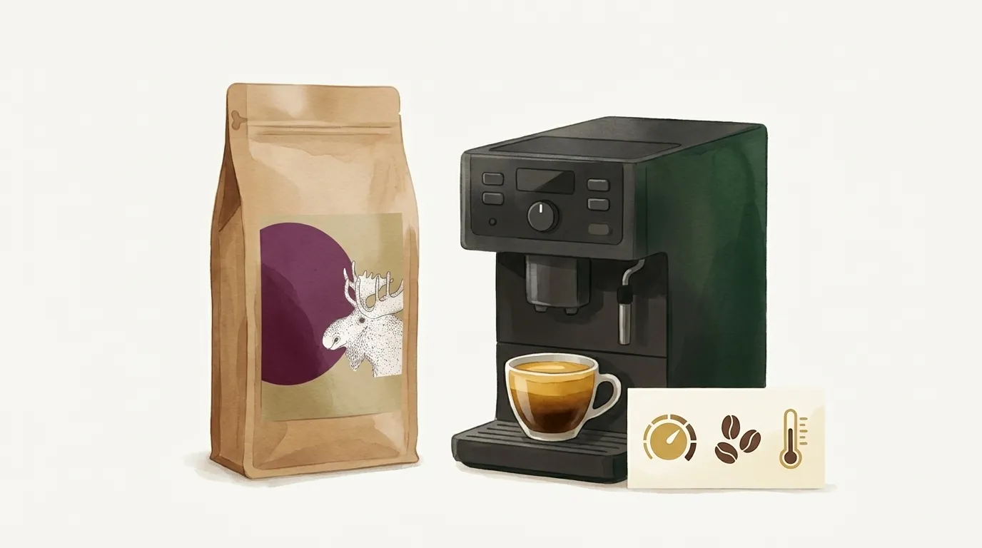 Paczka kawy Dostojny Łoś CRAFTBE obok kompaktowego czarnego ekspresu automatycznego z prostym panelem i filiżanką espresso z gęstą cremą, obok mała kartka z trzema ikonami: pokrętło na środku, trzy ziarenka, termometr
