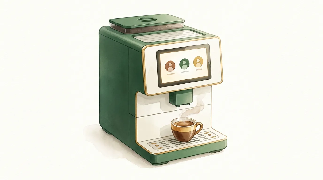 Ekspres automatyczny z ekranem profili użytkowników i filiżanką espresso