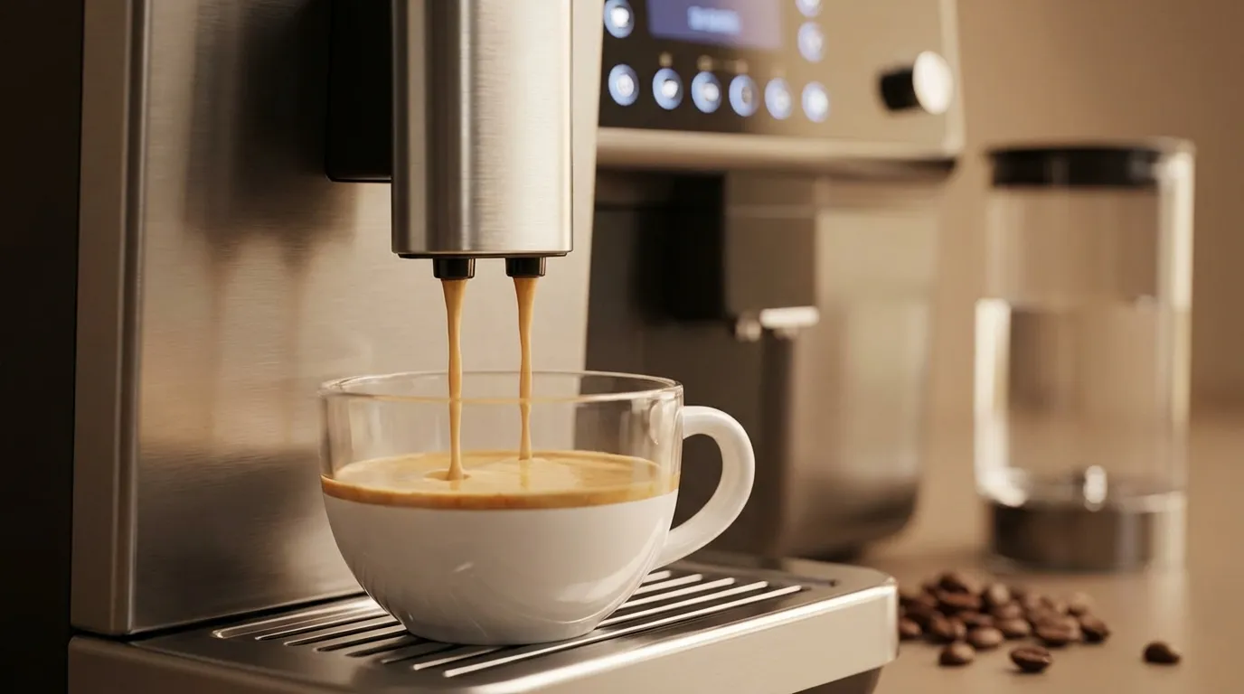 Ekspres automatyczny parzy lungo — strumień kawy wpada do szklanej filiżanki