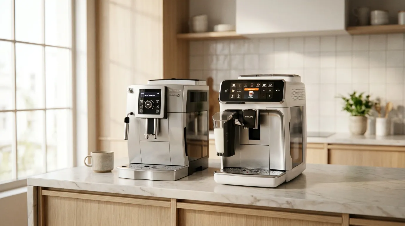 Ekspresy DeLonghi Magnifica S i Philips LatteGo obok siebie na kuchennym blacie