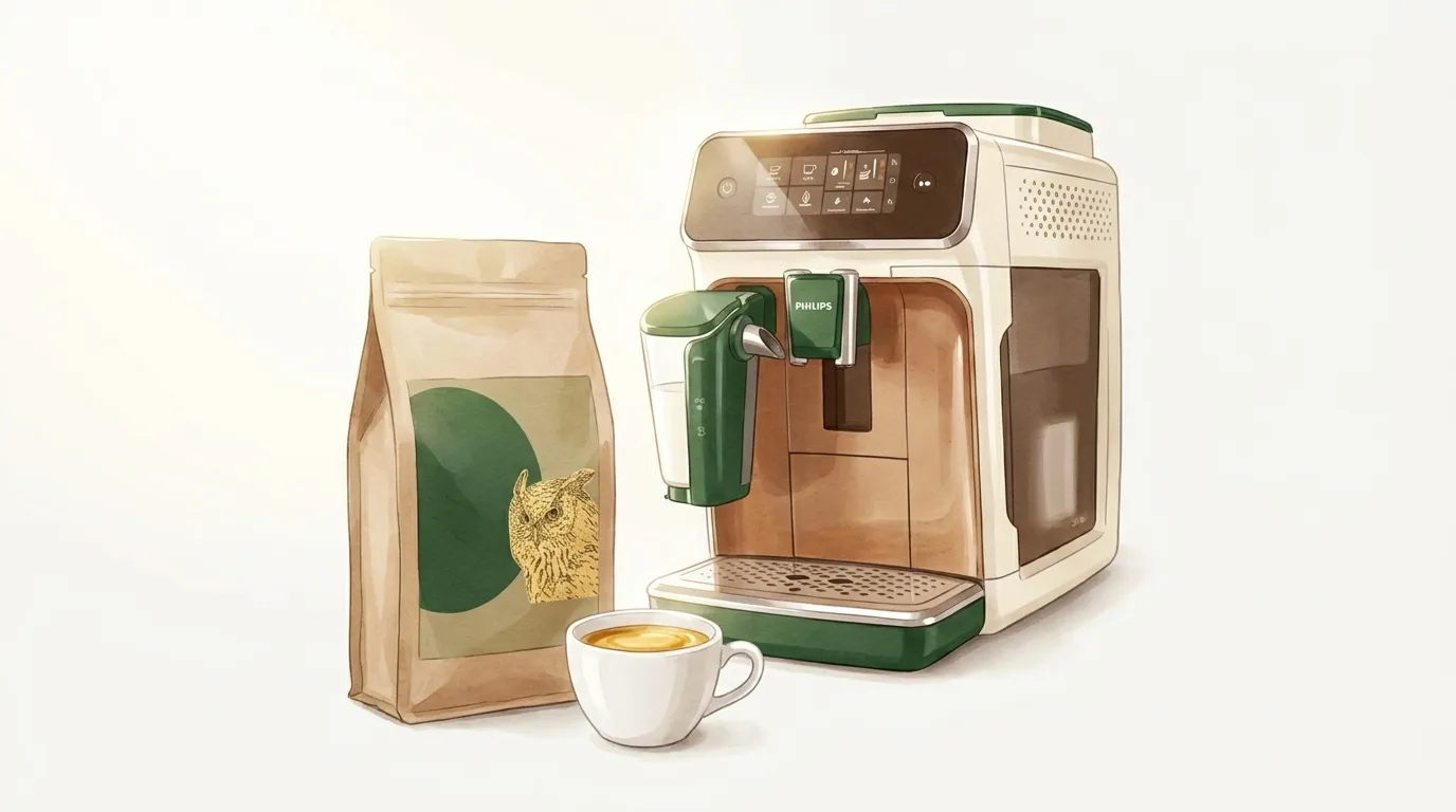 Paczka kawy Mądra Sowa CRAFTBE obok świeżo zaparzonego espresso i ekspresu Philips LatteGo po odkamienianiu