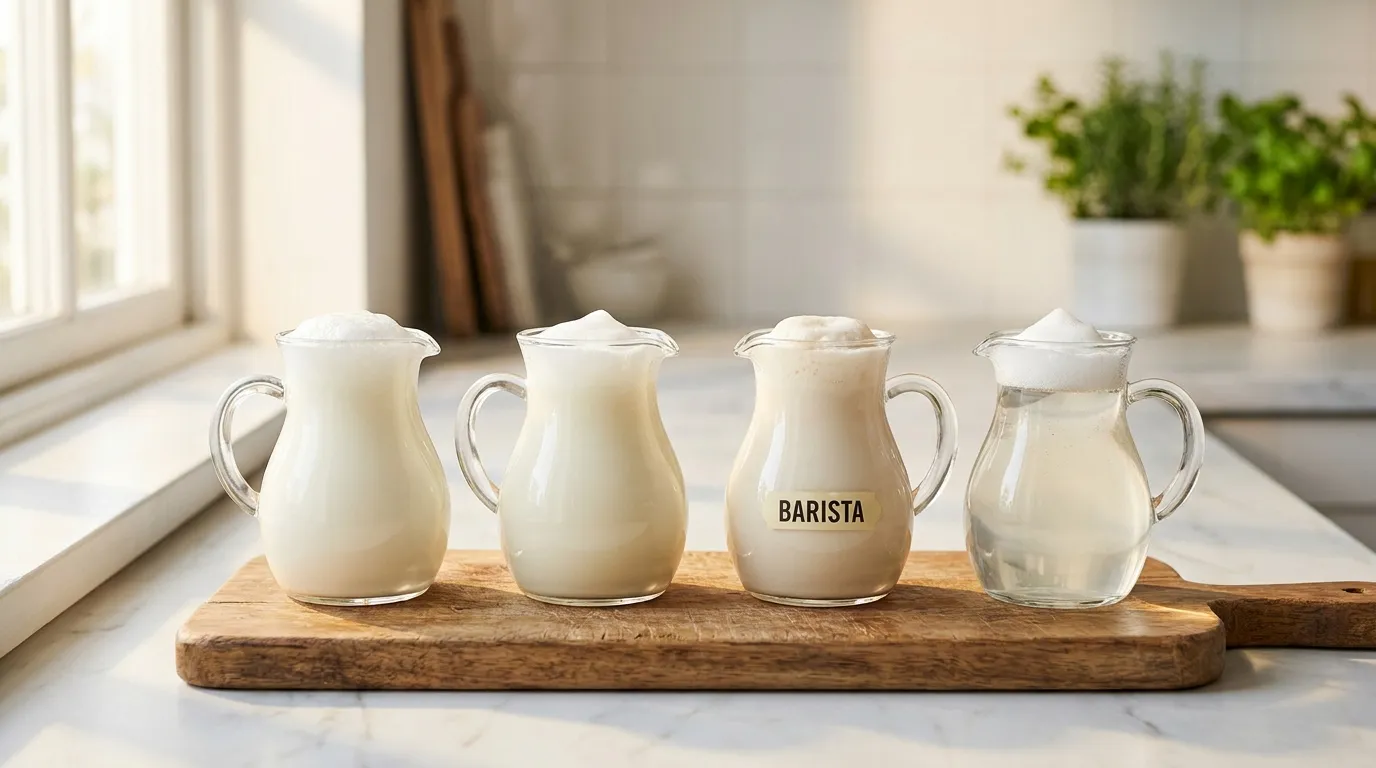 Porównanie różnych rodzajów mleka do spieniania — pełne, 2%, owsiane barista
