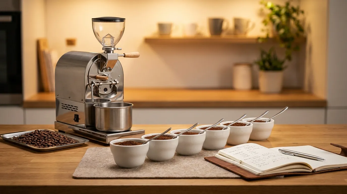 Cupping protokół w palarni — rzęd próbek z różnych profili palenia, łyżki do degustacji