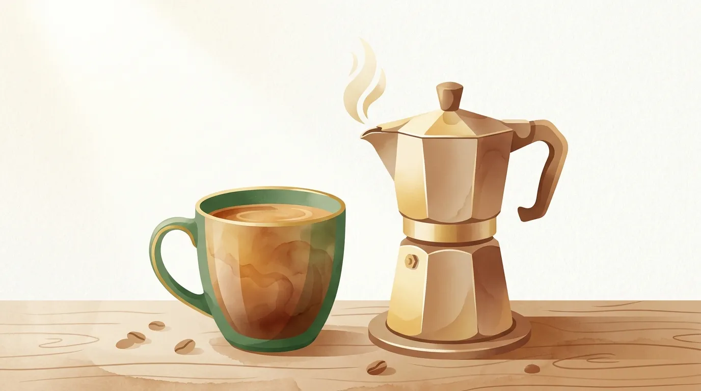 Moka americano w dużej filiżance obok kawiarki