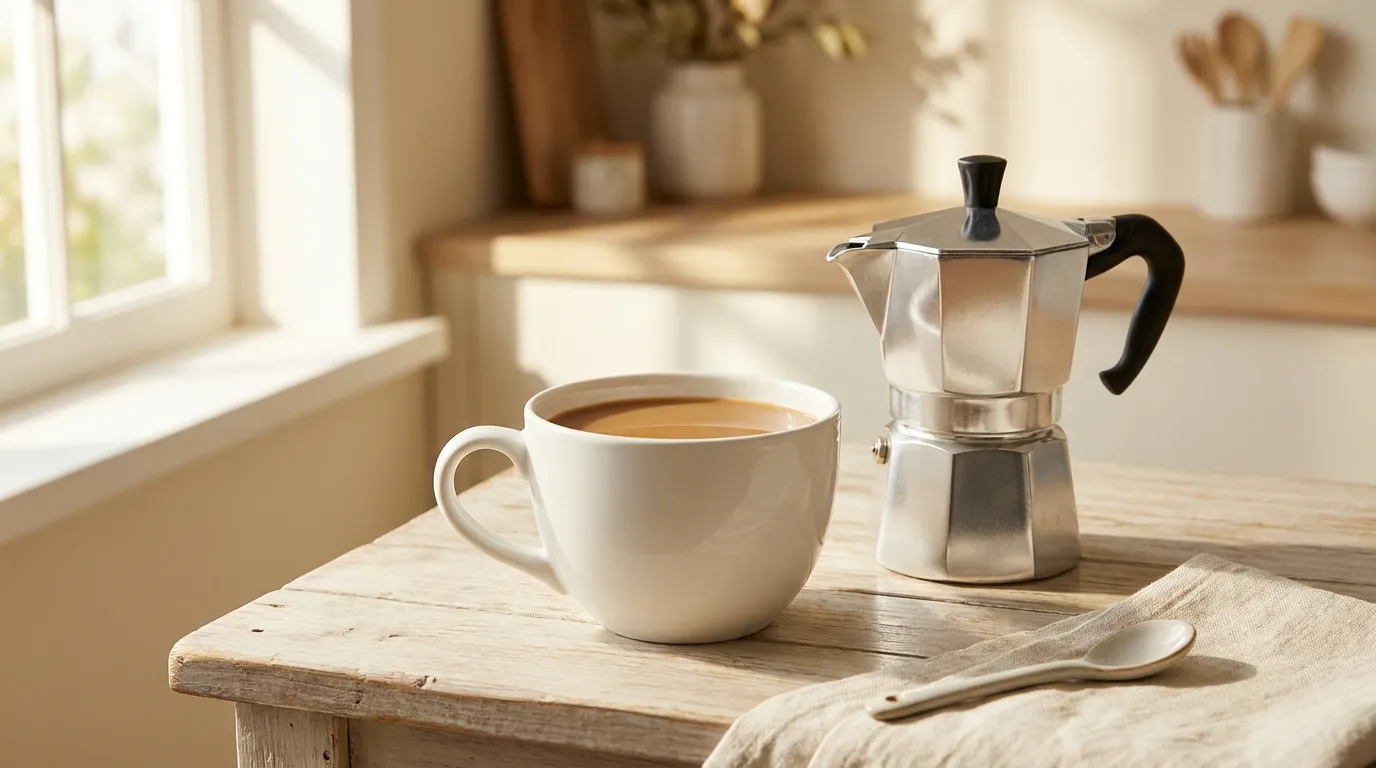 Filiżanka moka Americano obok kawiarki Bialetti na drewnianym stole