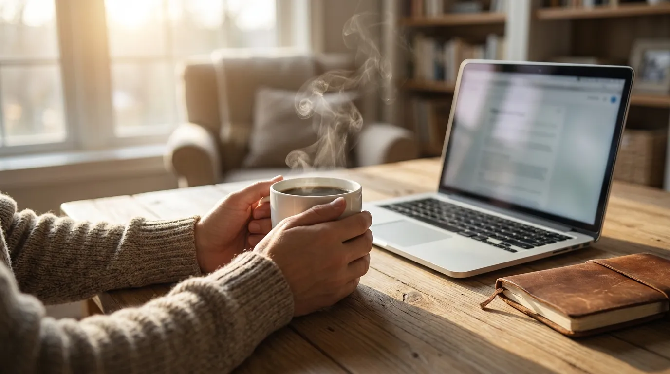 Poranna kawa na biurku obok laptopa — kontrolowana dawka kofeiny to klucz do produktywności