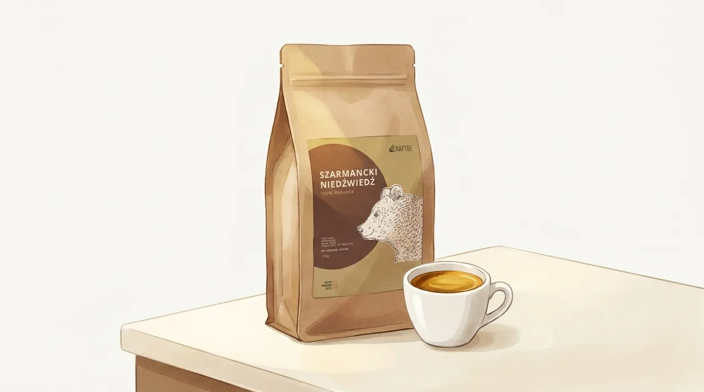 Paczka kawy Szarmancki Niedźwiedź CRAFTBE obok małej filiżanki espresso z bardzo gęstą, ciemną cremą na kuchennym blacie