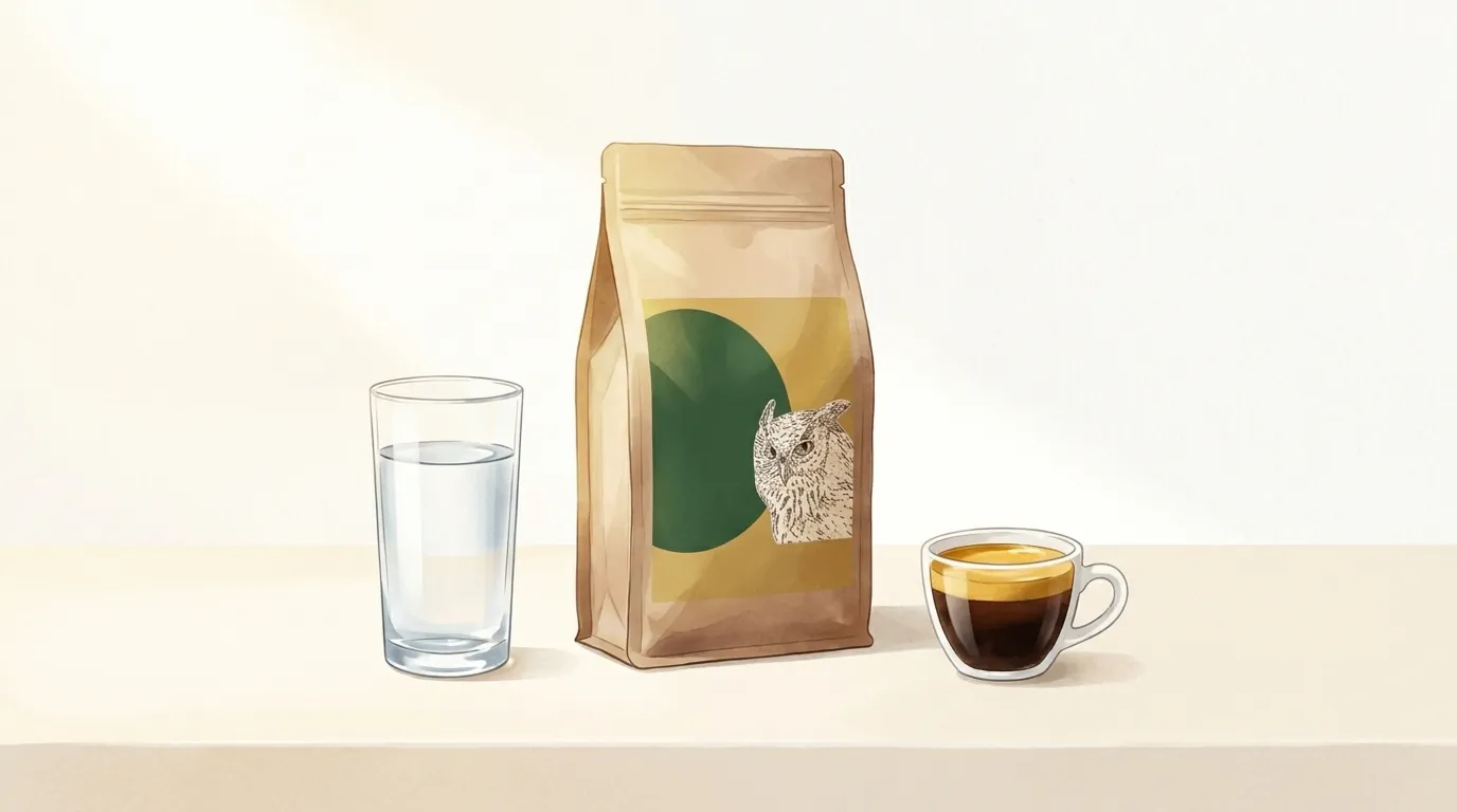 Paczka kawy CRAFTBE Mądra Sowa obok szklanki czystej wody i filiżanki espresso na jasnym blacie kuchennym