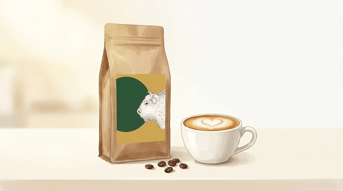 Paczka kawy CRAFTBE Troskliwy Żubr obok filiżanki cappuccino z gęstą cremą na kuchennym blacie