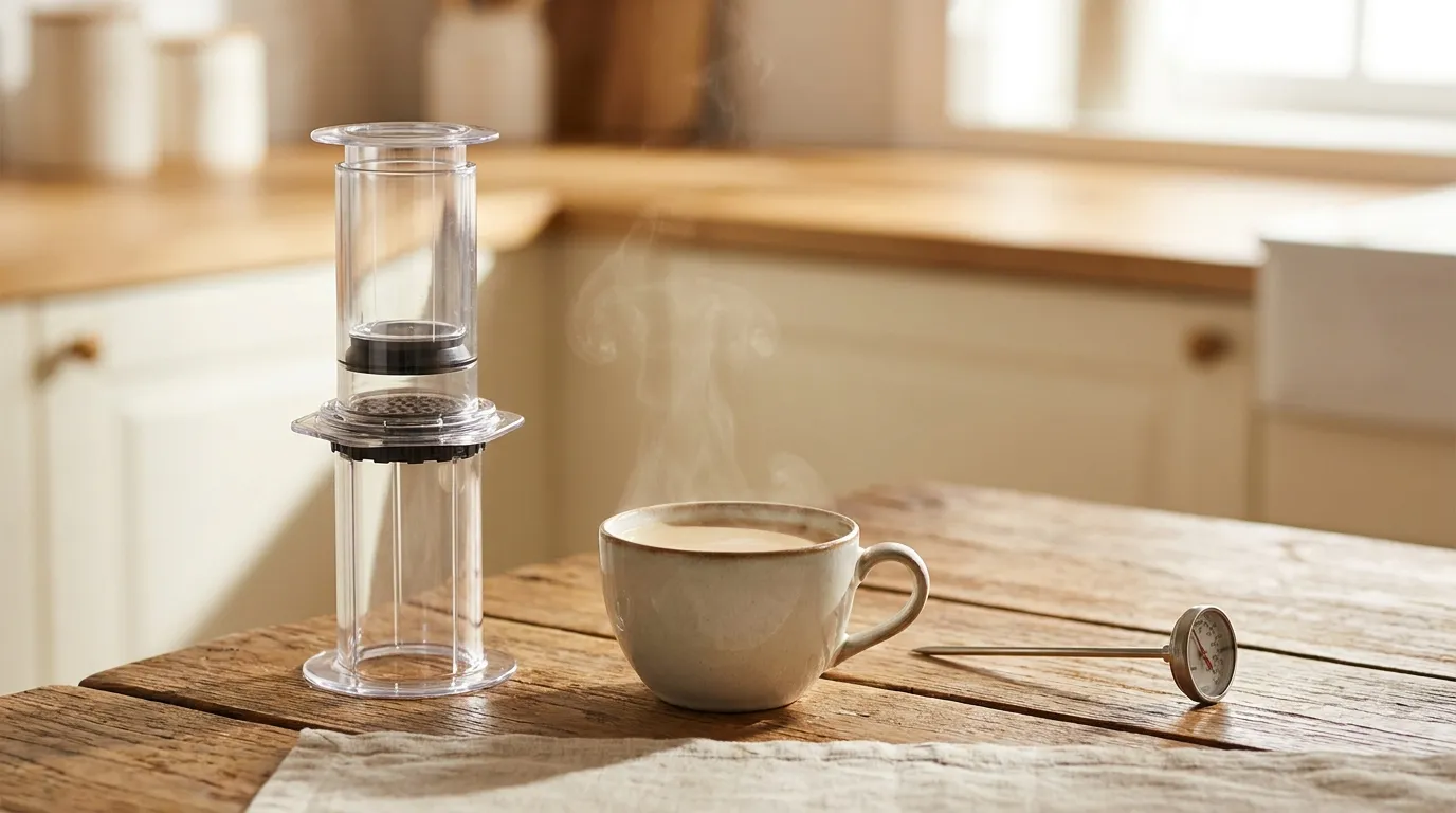 AeroPress z filiżanką kawy bezkofeinowej i termometrem kuchennym na drewnianym stole