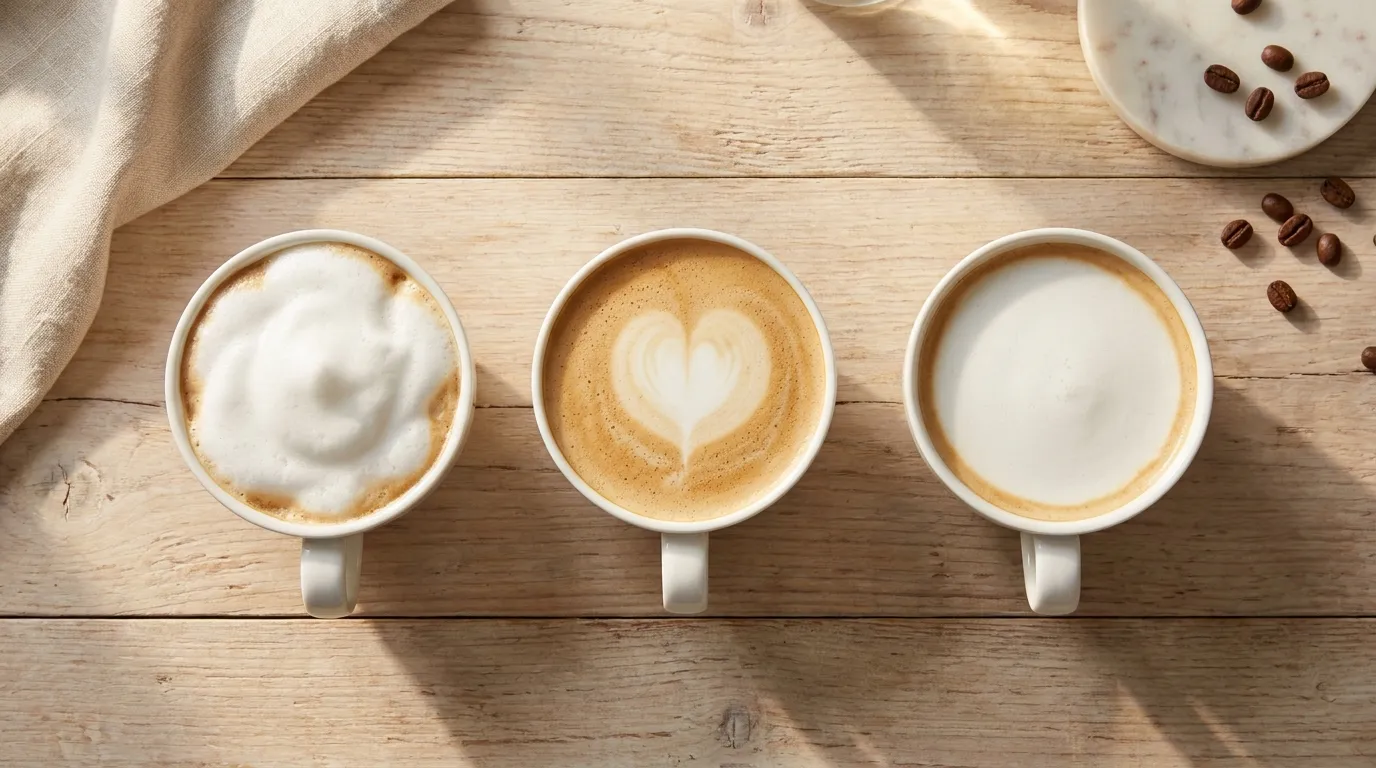 Trzy filiżanki cappuccino z różną teksturą pianki — gruba pianka, mikropianka i cienka pianka flat white