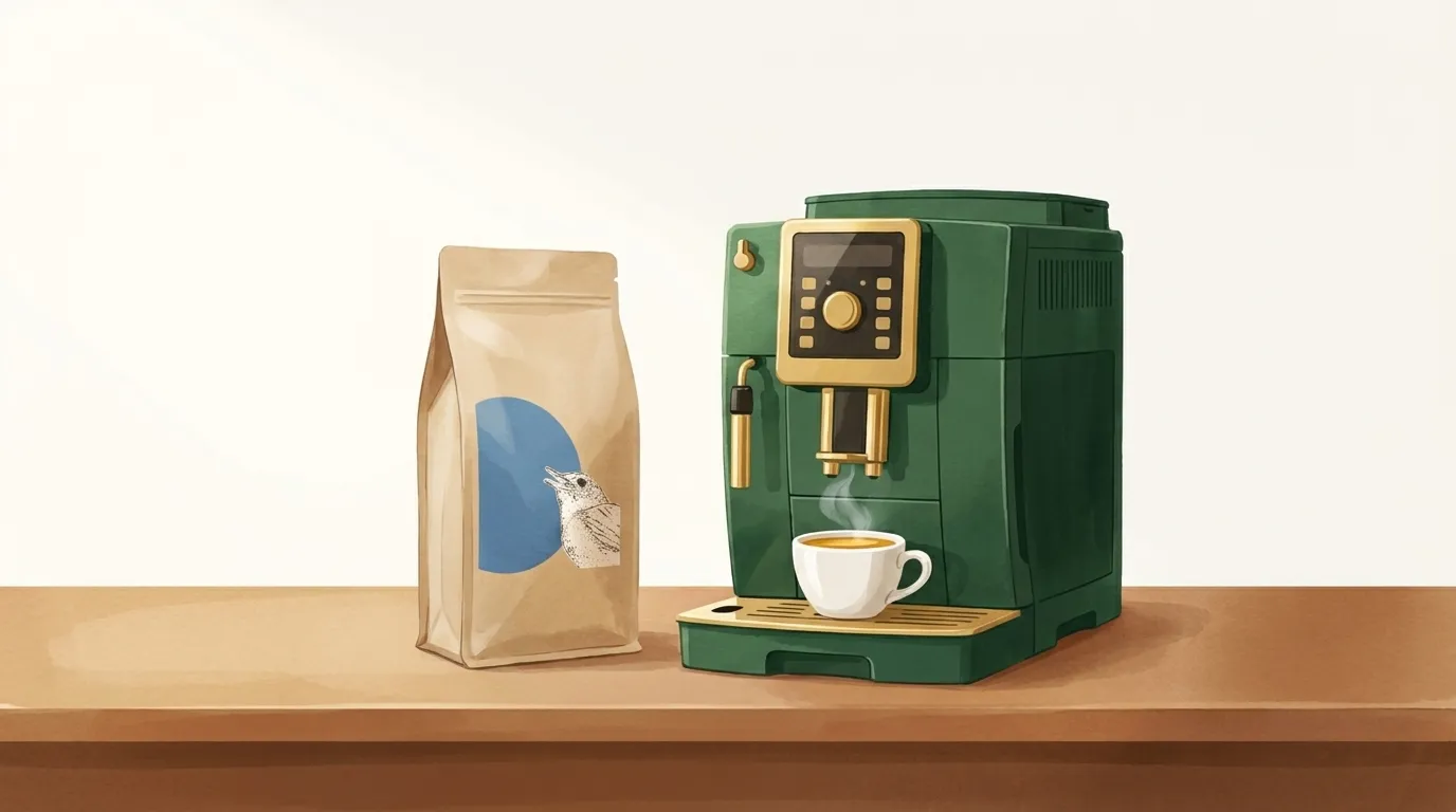 Paczka kawy Poranny Słowik CRAFTBE obok ekspresu automatycznego z filiżanką świeżego espresso