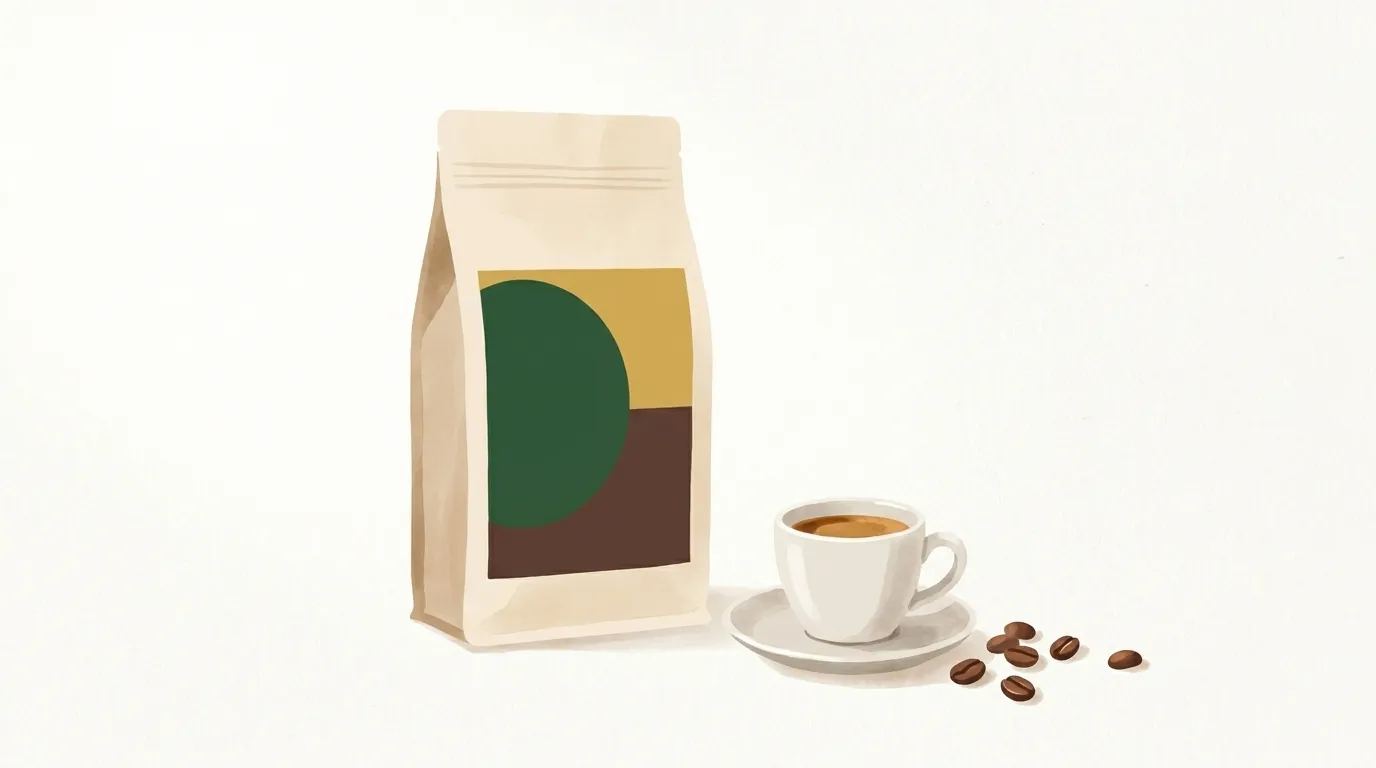 Małe espresso w białej filiżance obok paczki kawy CRAFTBE Mądra Sowa i kilku ziaren