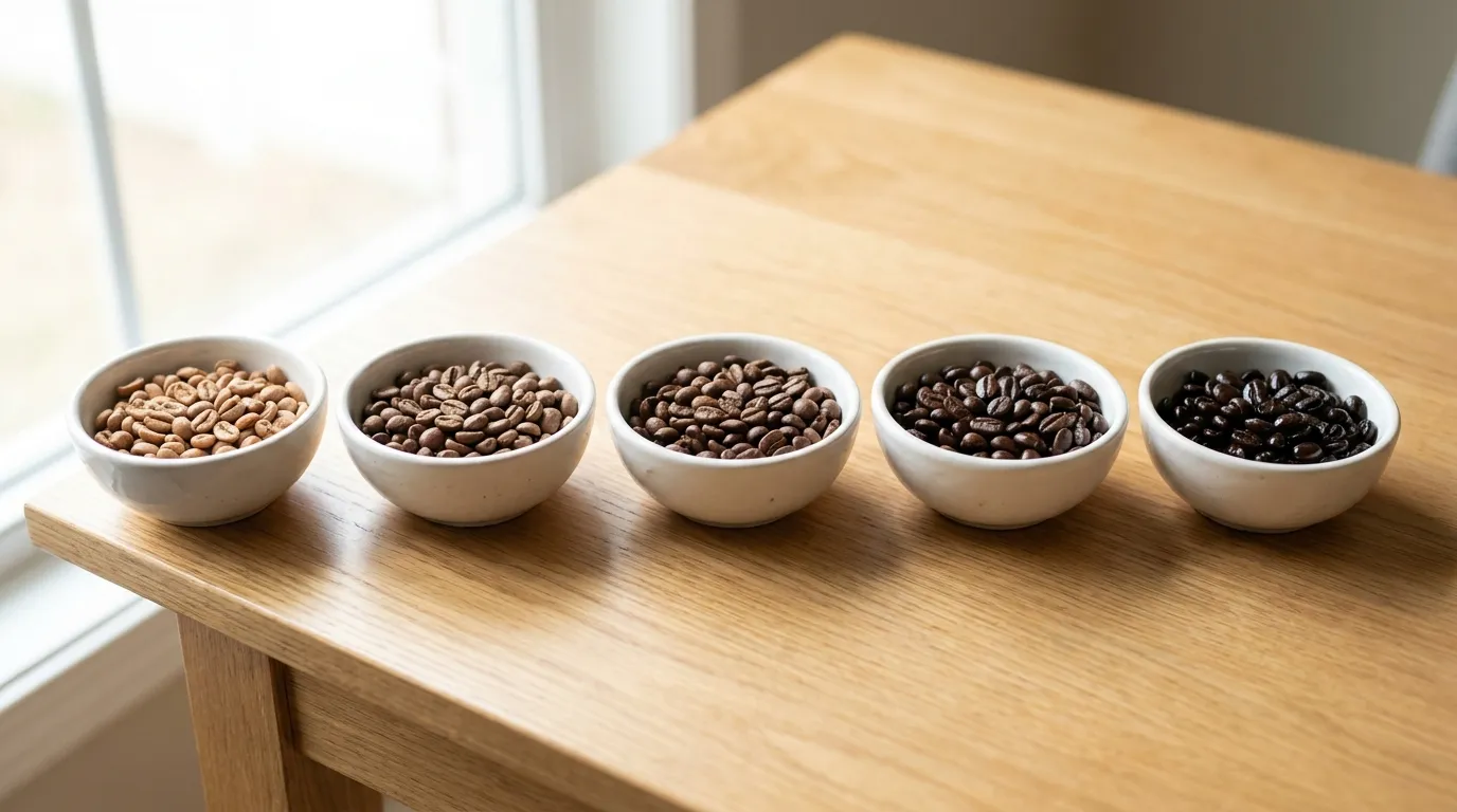 Spektrum palenia kawy od jasnego (light roast) przez medium do ciemnego (dark roast) z opisem profili smakowych