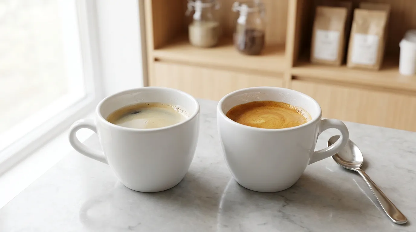 Świeżo palone ziarna specialty obok espresso z gęstą cremą — efekt świeżości na jakość shotu