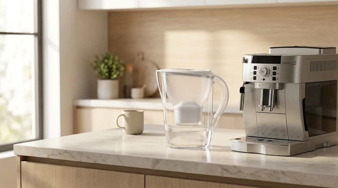 Filtr dzbanowy Brita obok ekspresu automatycznego DeLonghi Magnifica — najprostszy sposób na lepszą wodę