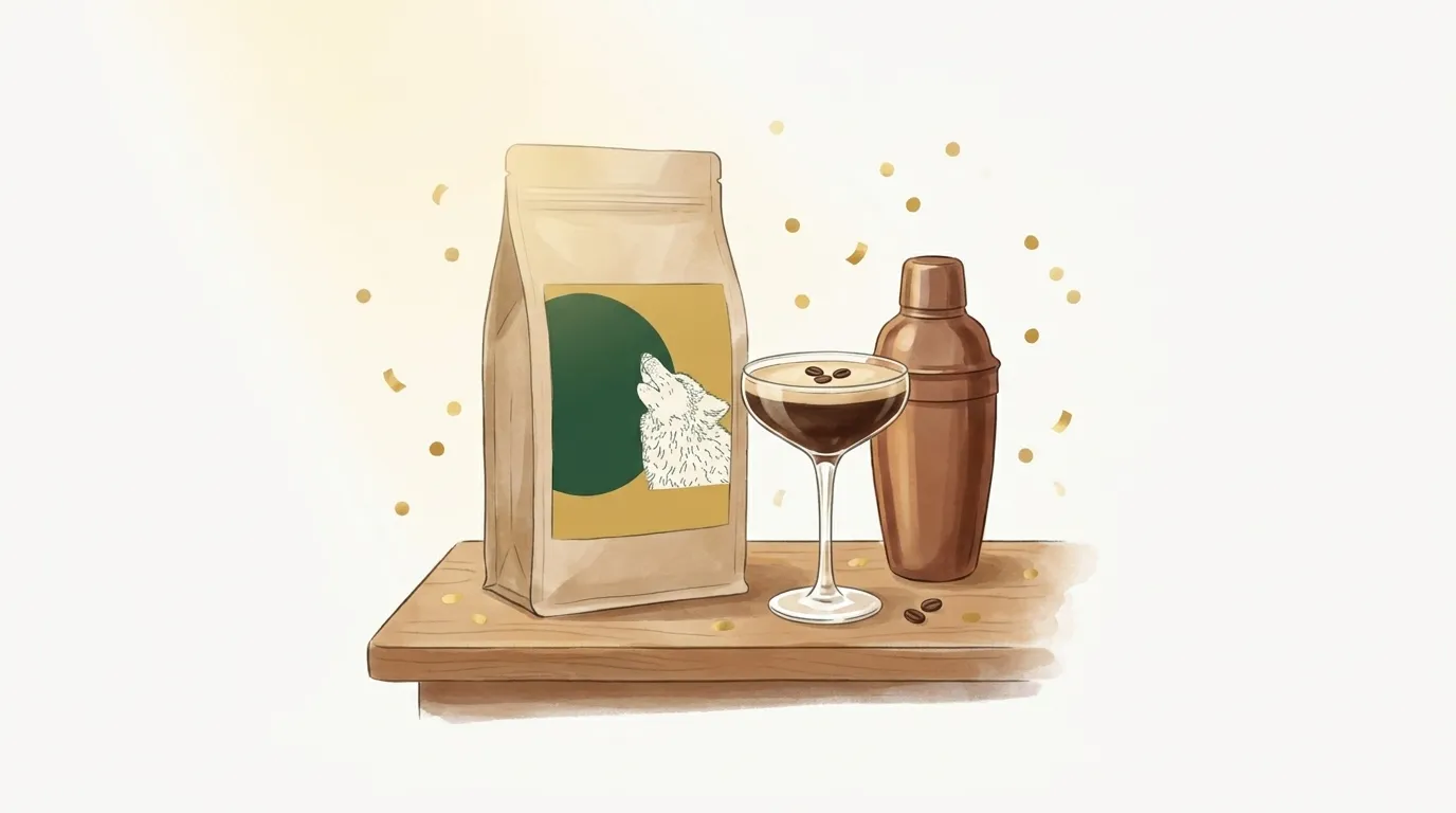 Paczka kawy Dumny Wilk CRAFTBE obok kieliszka espresso martini i shakera na barku z kilkoma złotymi konfetti, sylwestrowy stół