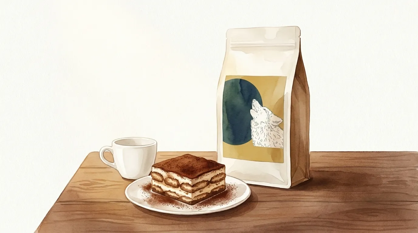 Paczka kawy Dumny Wilk CRAFTBE obok porcji tiramisu na talerzyku i filiżanki espresso na drewnianym stole