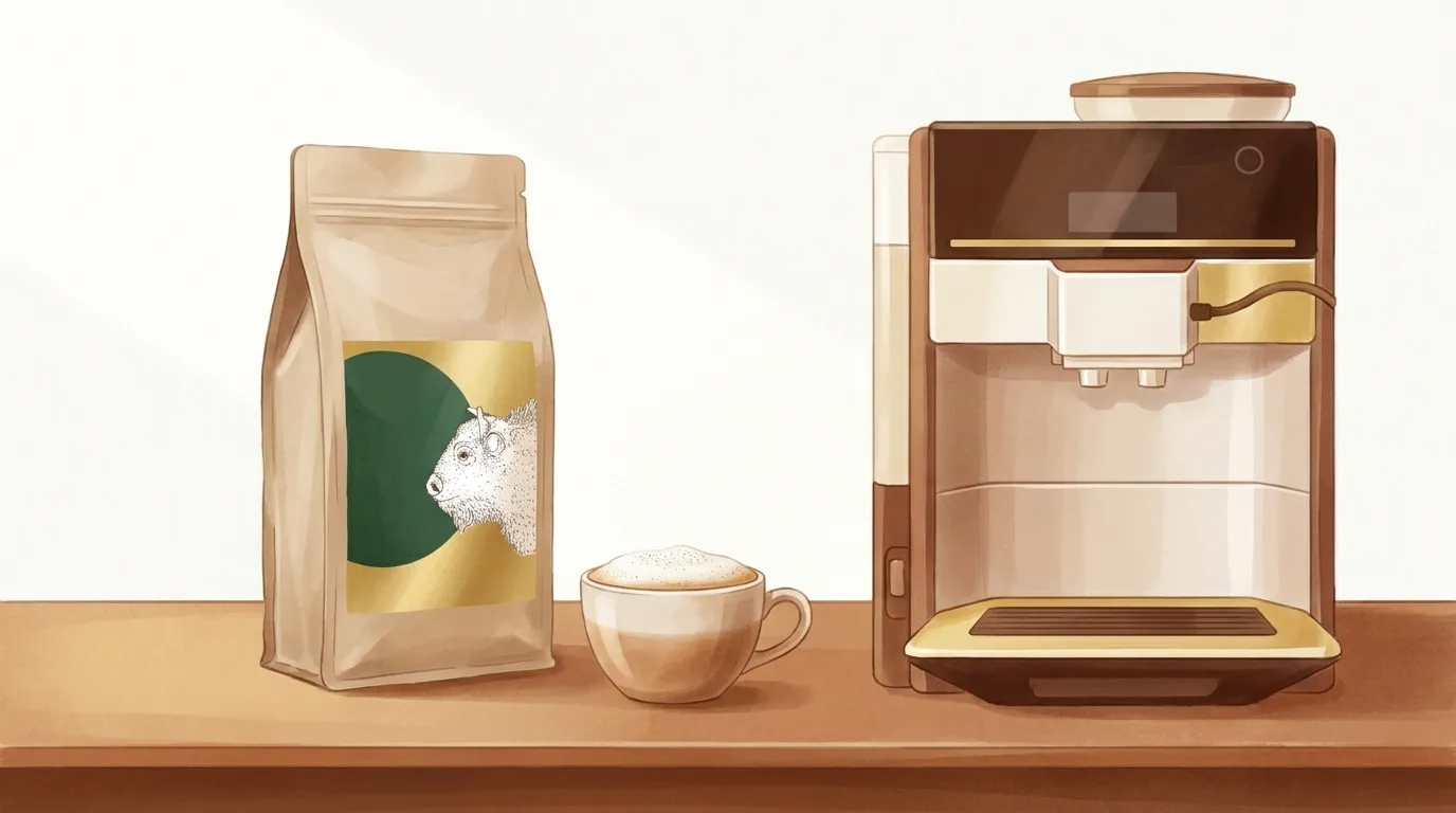 Paczka kawy Troskliwy Żubr CRAFTBE obok cappuccino z gęstą mikropianą przy ekspresie Siemens EQ.6
