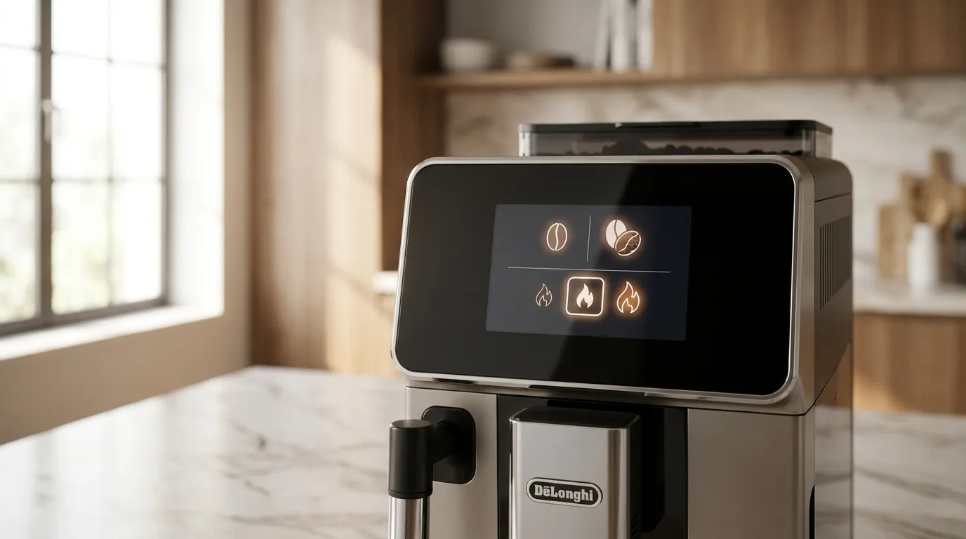 Ekran Bean Adapt na DeLonghi Rivelia — wybór rodzaju kawy i poziomu palenia