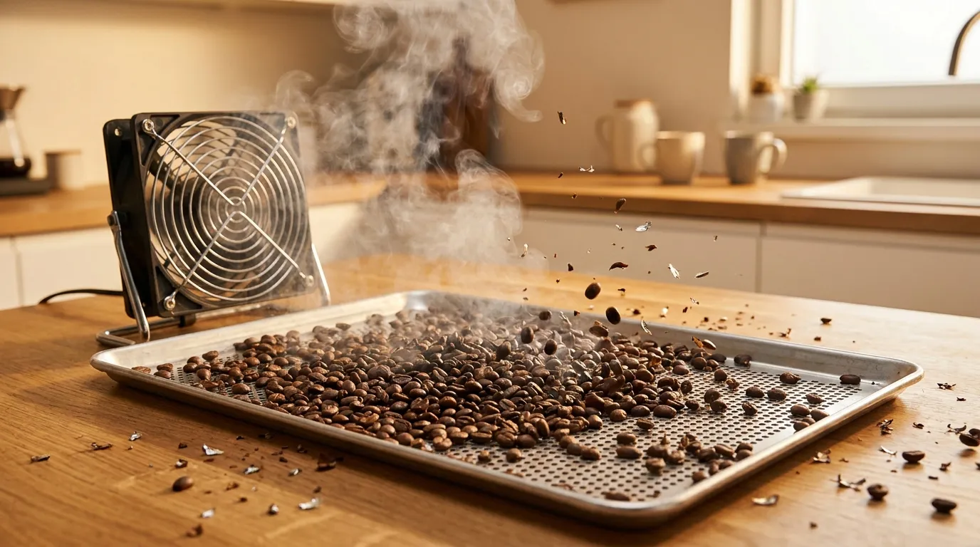 Kawa chłodząca się na perforowanym cooling tray z wiatrakiem — chaff odlatuje w tle, ziarna ułożone równą warstwą