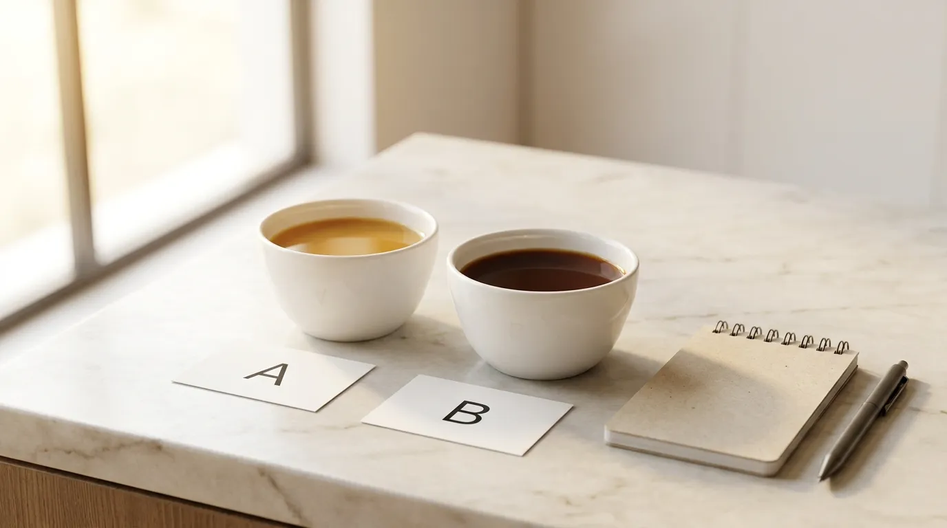 Dwa kubki z kawą podczas blind tasting — porównanie jasno i ciemno palonej kawy obok siebie