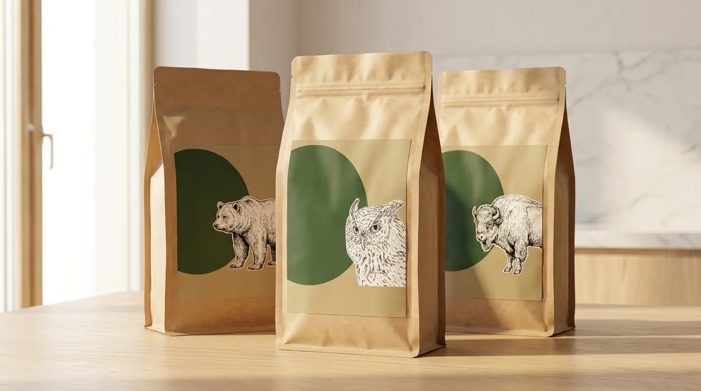 Trzy paczki kawy CRAFTBE w opakowaniach kraft z zielonymi etykietami — Mądra Sowa, Szarmancki Niedźwiedź, Troskliwy Żubr