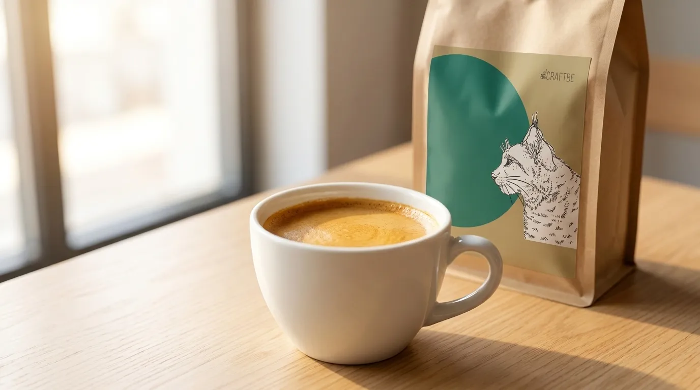 Espresso z kawy Zgrabny Ryś CRAFTBE w białej filiżance z gęstą cremą — blend z kolumbijską arabiką