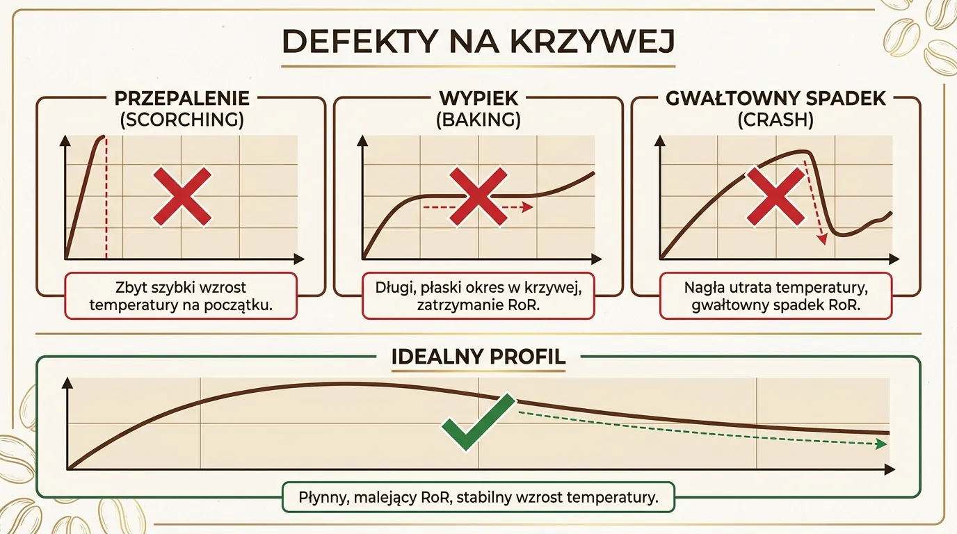 Trzy przykładowe wykresy krzywych palenia kawy z defektami — scorching, tipping i baking zaznaczone czerwonymi markerami
