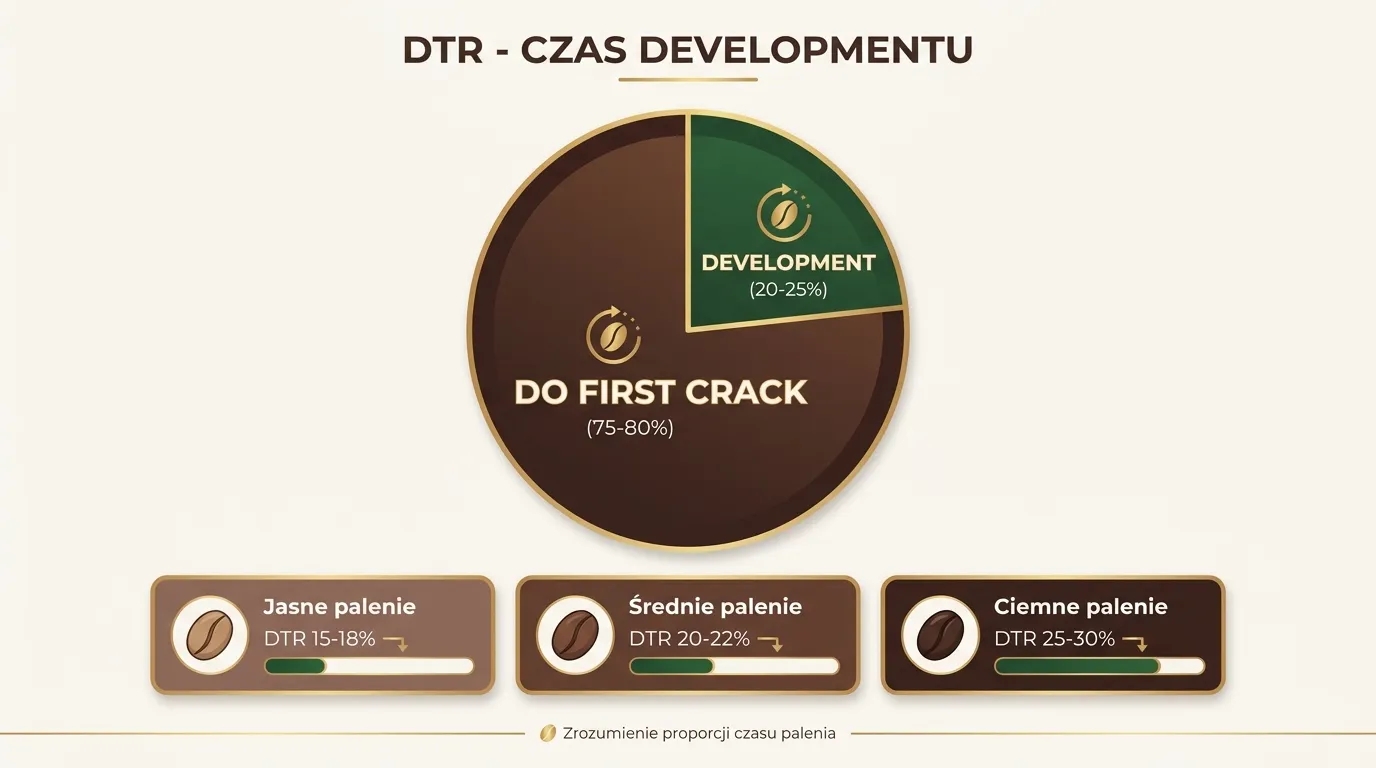 Wykres DTR — Development Time Ratio na krzywej palenia kawy z zaznaczonymi fazami i punktami granicznymi