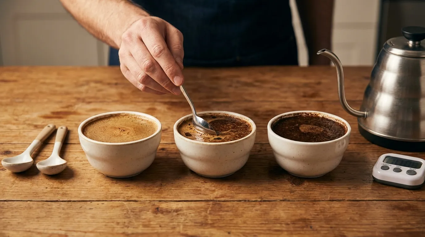 Zestaw do cupping — trzy filiżanki z kawą paloną różnie ustawione na stole z łyżką do degustacji i notatnikiem