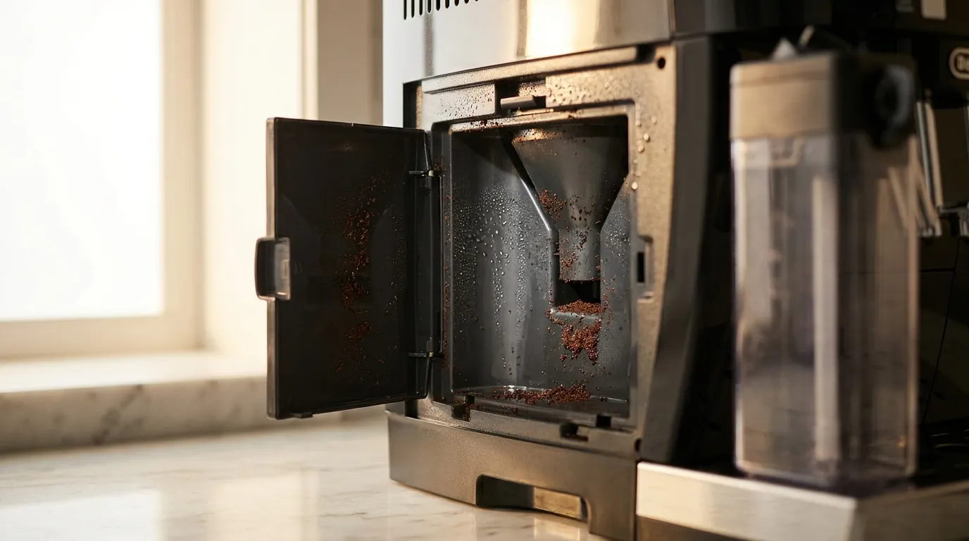 Bypass doser w ekspresie automatycznym — wilgoć i resztki kawy po jednym parzeniu, ryzyko pleśni