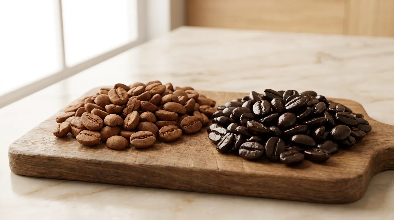 Porównanie ziaren kawy — jasno palone obok ciemno palonych na drewnianej desce