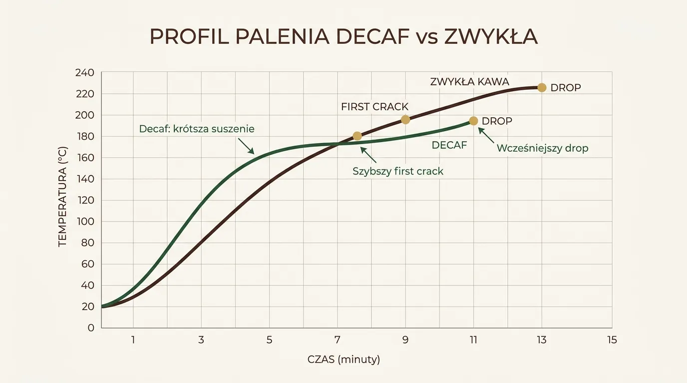 Schemat profilu palenia kawy bezkofeinowej — niższy charge temp, łagodniejszy przyrost temperatury, obserwacja po wadze nie po kolorze