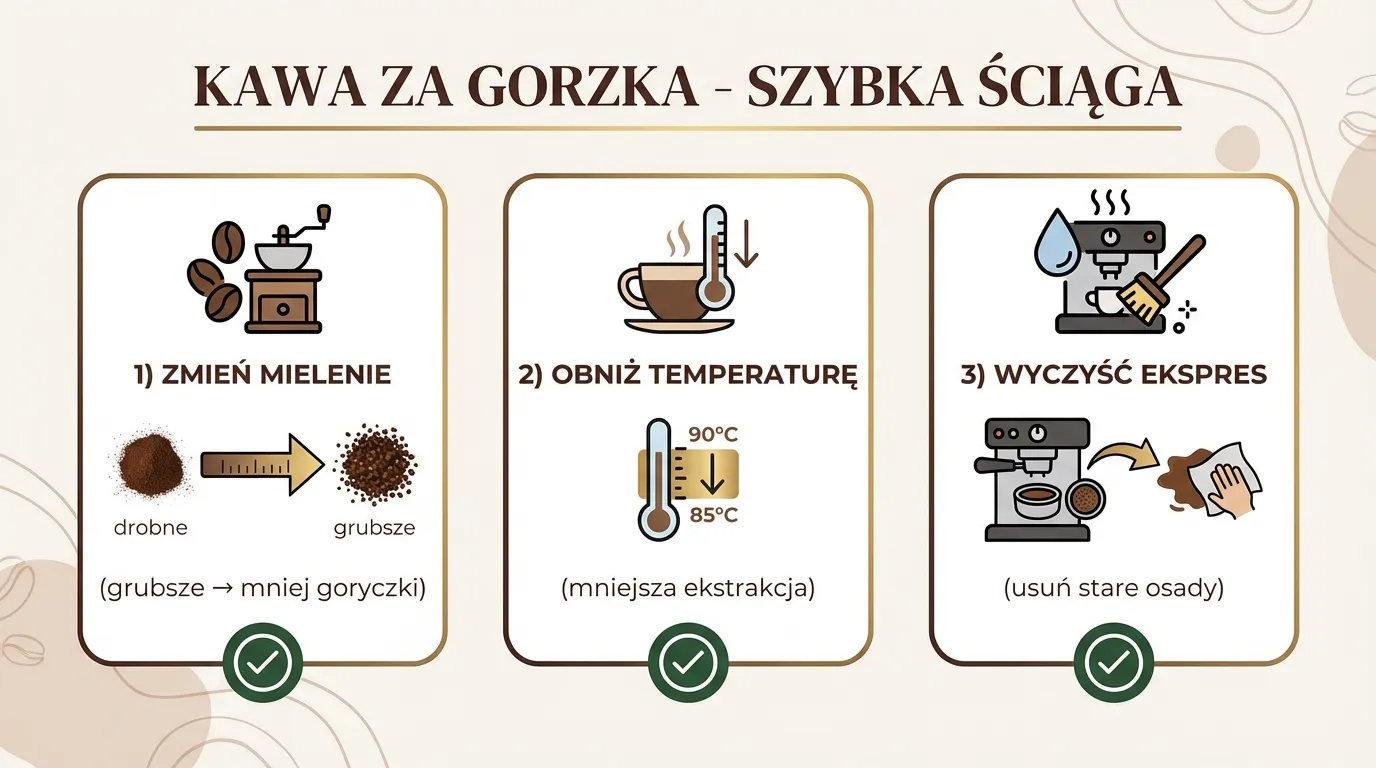 Kawa za gorzka — szybka ściąga: mielenie grubiej, niższa temperatura, wyczyść ekspres