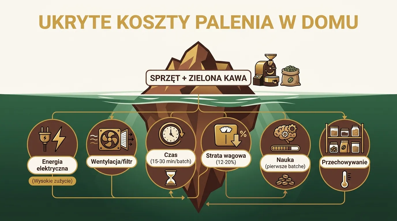 Dom z otwartymi oknami podczas palenia kawy — widoczny dym i chaff wychodzący przez okno kuchni, wentylator na parapecie
