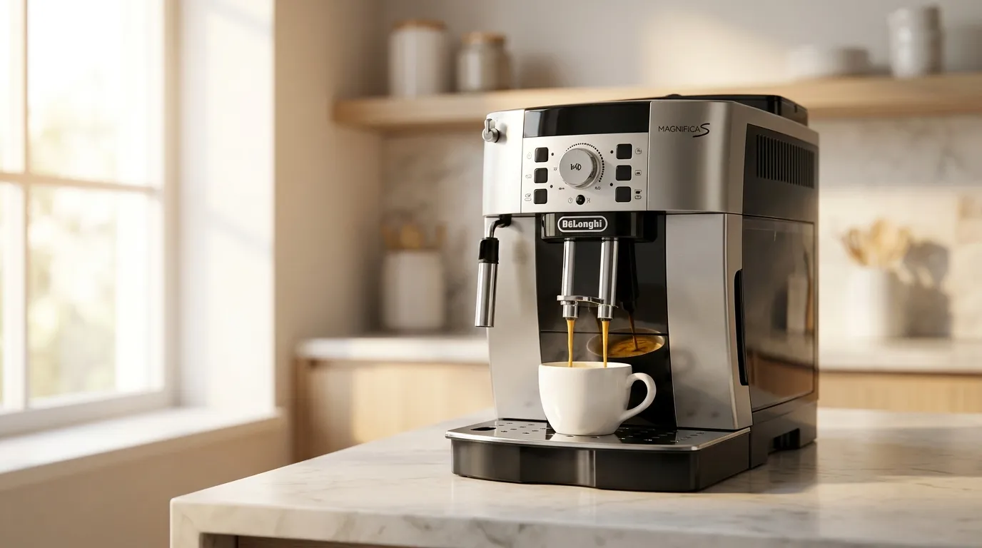 Espresso z gęstą cremą lecące z dyszy ekspresu automatycznego DeLonghi Magnifica