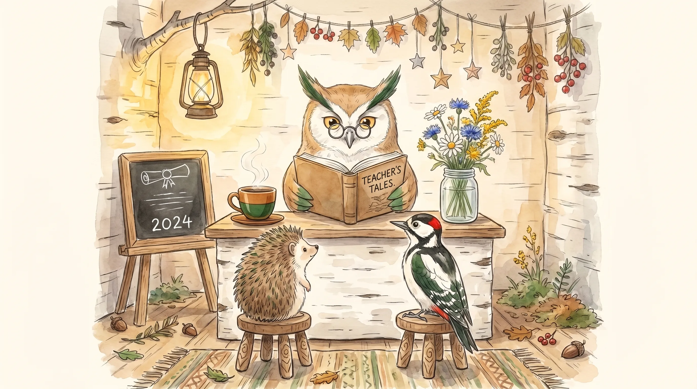 Sowa nauczycielka przy biurku z uczniami — ilustracja CRAFTBE