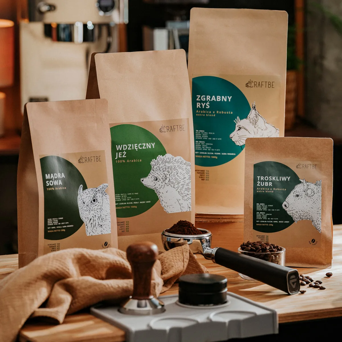Zgrabny Ryś 1 kg, Sowa, Jeż, Ryś i Żubr obok siebie